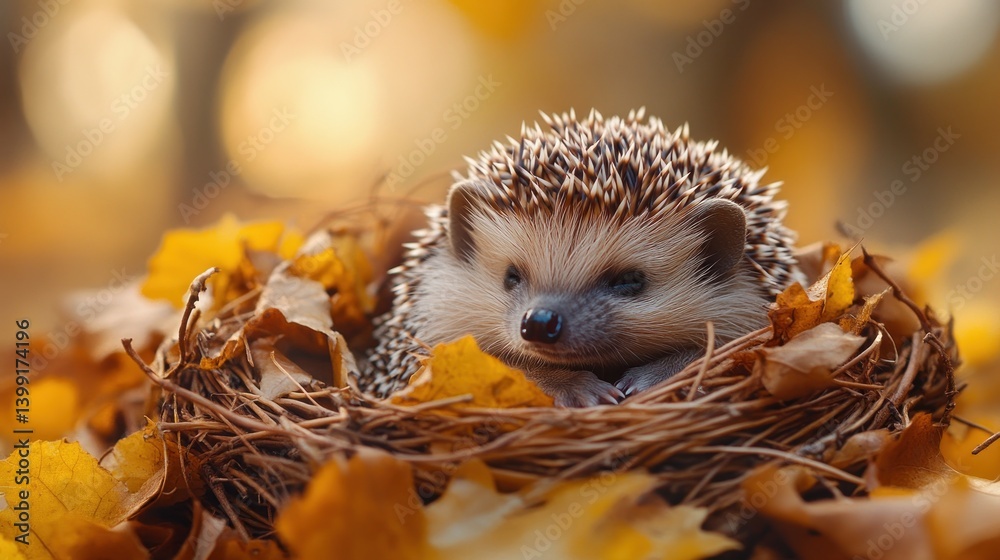 Obraz premium Adorable Hedgehog Snuggled in Autumn Leaves Nest