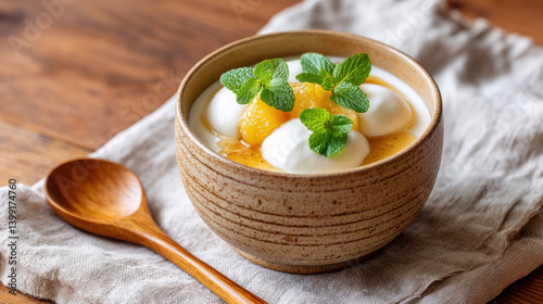 Creamy yogurt bowl topped with fresh fruit and mint leaves, served in rustic bowl, evokes sense of freshness and delight