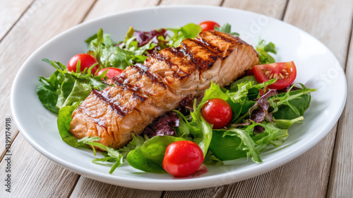 Grilled salmon salad with mixed greens and cherry tomatoes creates vibrant and healthy dish, perfect for nutritious meal