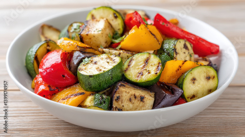 Grilled vegetable salad with zucchini, bell pepper, and eggplant offers colorful and healthy dish, perfect for any meal
