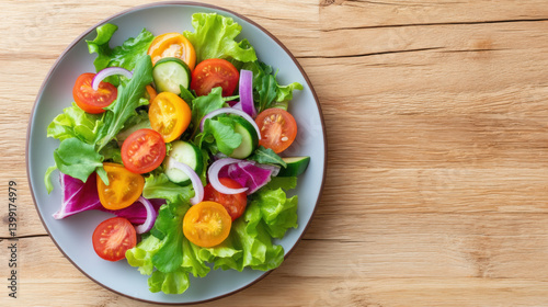Fresh salad with vibrant vegetables, including tomatoes, cucumbers, and greens, served on plate, evokes healthy lifestyle
