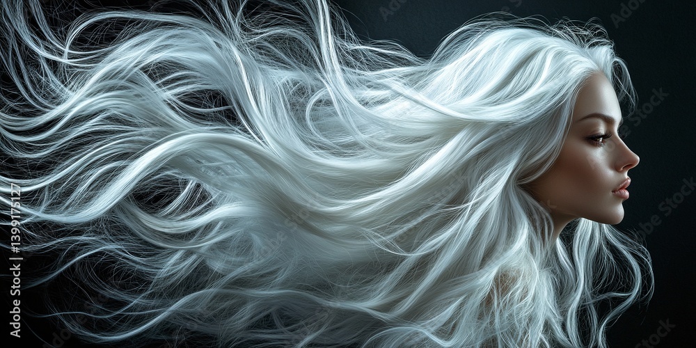 Stunning profile of a young woman with long, flowing platinum blonde hair. The ethereal beauty is highlighted against a dark backdrop. Stunning profile of a young woman with long, flowing platinum blonde hair. The ethereal beauty is highlighted against a dark backdrop.