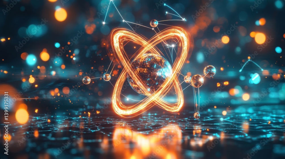 a hyper-detailed 3D rendering of a glowing atom model, with orbiting electrons and a futuristic