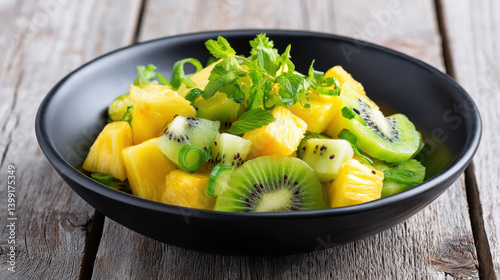 Fresh pineapple, kiwi, and mango salad garnished with mint and green onions in modern black bowl, perfect for healthy snack