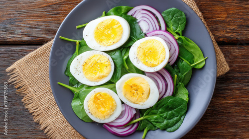 Sliced boiled eggs over fresh spinach and red onion create vibrant and healthy dish, perfect for nutritious meal