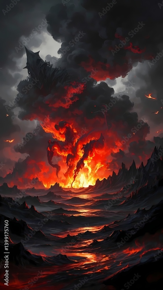 Fototapeta premium A fiery landscape with a volcano in the background. The sky is dark and ominous, and the lava is flowing down the side of the mountain. The scene is intense and dramatic, with a sense of danger