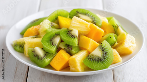 Fresh tropical fruit salad with vibrant mango, pineapple, and kiwi pieces, perfect for refreshing snack or dessert