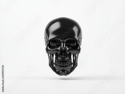 Close-up of a sleek, glossy black skull with hollow eye sockets and prominent teeth