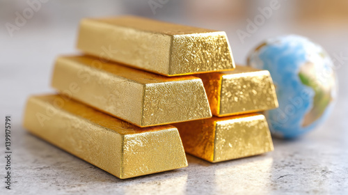 Ultra realistic gold bars stacked high with globe nearby, symbolizing wealth and global economy. shiny gold reflects prosperity and value