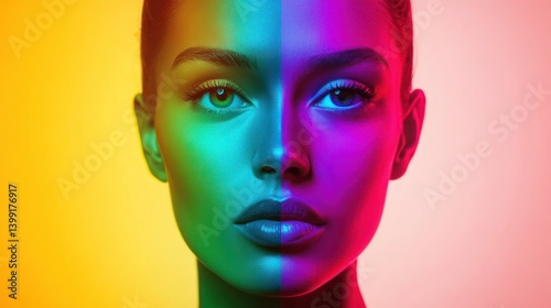 Colorful Portrait of a Woman with Dual-Toned Lighting, Creative Beauty