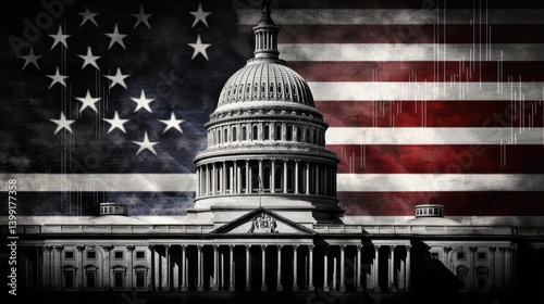 US Capitol Building Majestically Set Against a Dramatic American Flag Backdrop