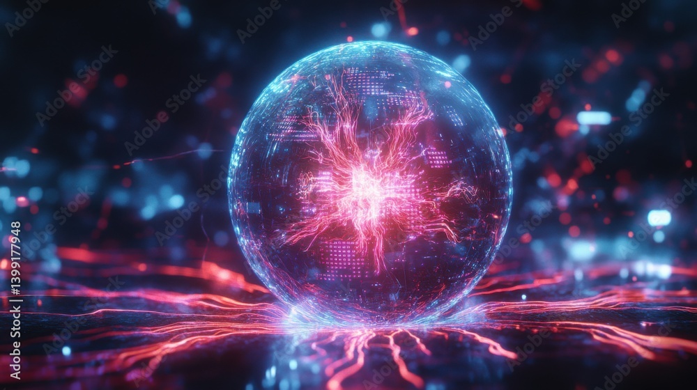 a hyper-detailed 3D rendering of a glowing plasma ball, with futuristic neon energy streams