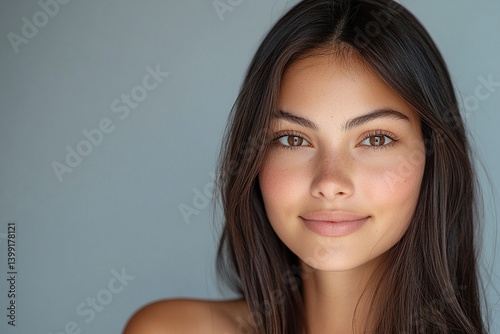 Close-up portrait of a young woman with long brown hair and beautiful features. Soft lighting and a serene expression.