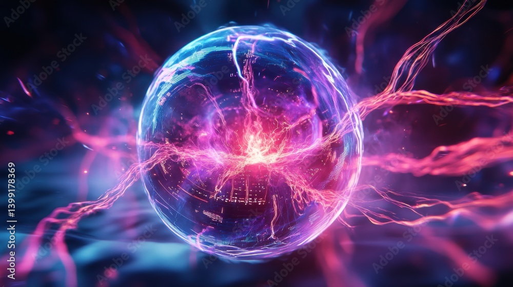 a hyper-detailed 3D rendering of a glowing plasma ball, with futuristic neon energy streams