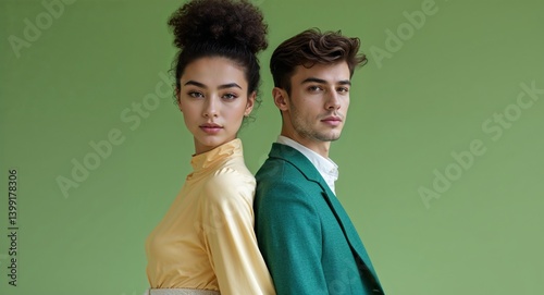 Caucasian 20s couple on green plain bright background modern chic fashion pose  model portrait  portrait banner with copy space ad concept marketing