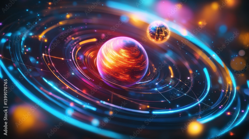 a hyper-detailed 3D rendering of a glowing solar system model, with futuristic neon planets