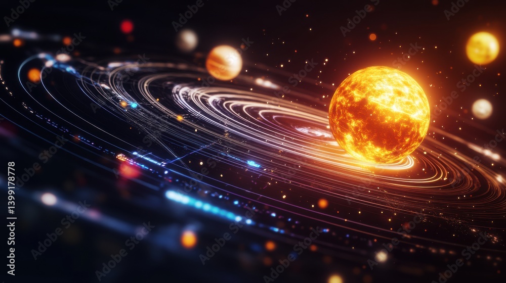 a hyper-detailed 3D rendering of a glowing solar system model, with futuristic neon planets