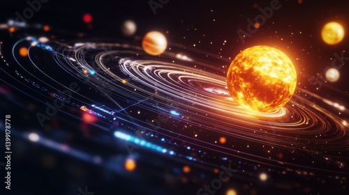 a hyper-detailed 3D rendering of a glowing solar system model, with futuristic neon planets 