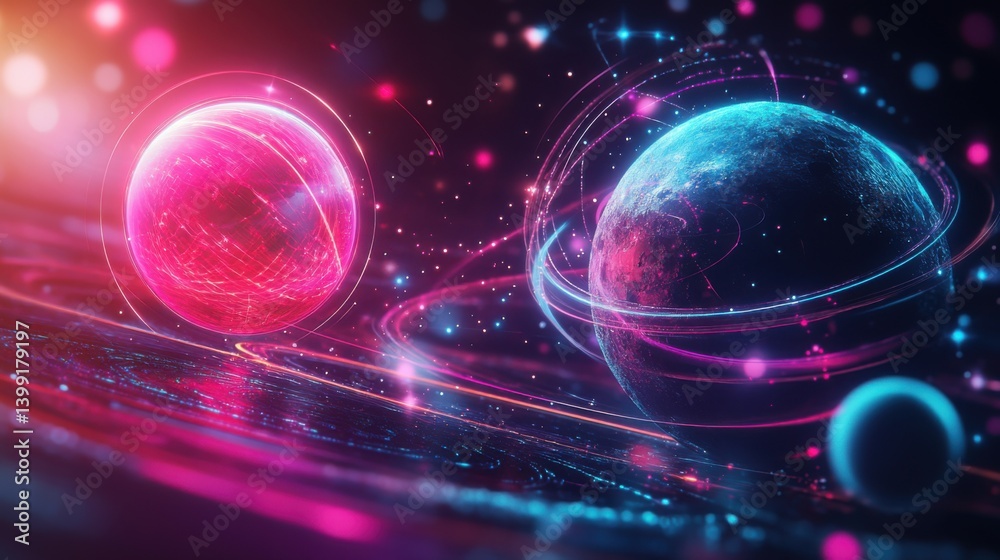 a hyper-detailed 3D rendering of a glowing solar system model, with futuristic neon planets