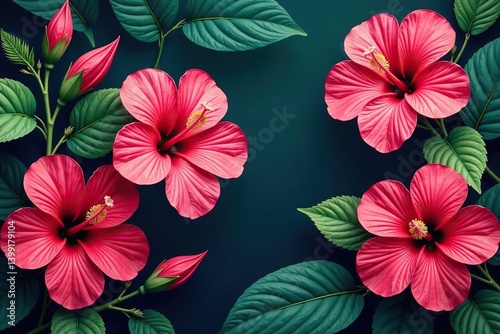 Bold vibrant hibiscus & tropical foliage, continuous print, pink, repeating pattern, orange