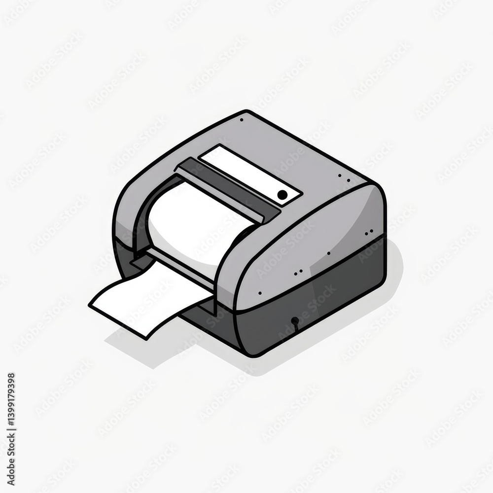 Simple illustration of a receipt printer. A gray box-shaped device with paper emerging, showing a simple, isometric view Simple illustration of a receipt printer. A gray box-shaped device with paper emerging, showing a simple, isometric view
