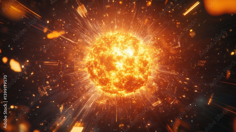 a hyper-detailed 3D rendering of a glowing supernova, with futuristic neon explosions and holographic data