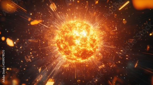 Obraz na płótnie a hyper-detailed 3D rendering of a glowing supernova, with futuristic neon explosions and holographic data w salonie