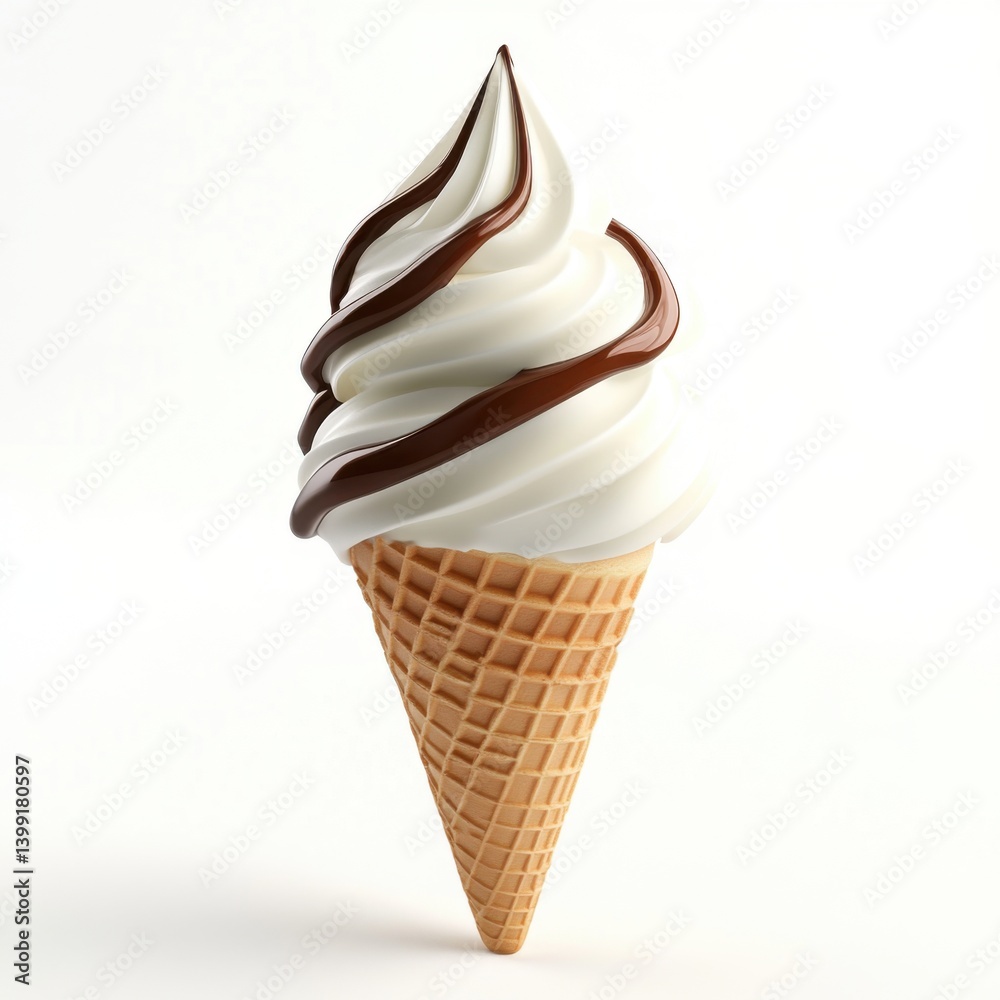 a hyper-detailed 3D rendering of a ice cream cone, with a swirl of vanilla ice cream and a chocolate