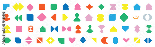 Vector basic shape. Geometric formal shape. Brutalist abstract geometric shapes and grids. Brutal contemporary figure star oval spiral flower and other primitive elements. set of colorful basic shapes