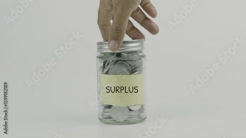 Surplus text or word on yellow sticky notes on a coin jar, hand inserting a coin and sealing the lid, symbolizing the importance of having extra funds for future savings and financial growth