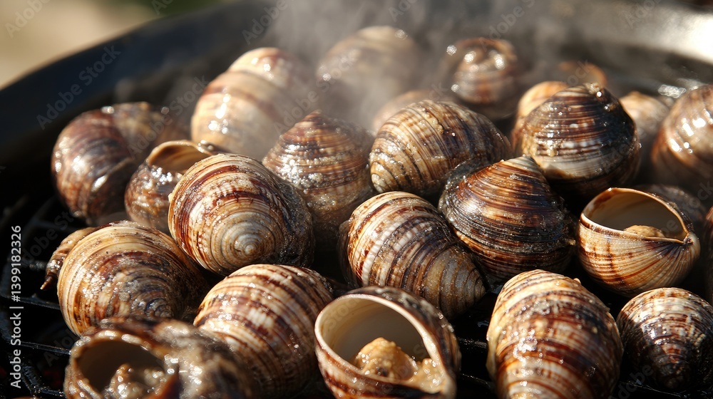 A tempting image of freshly baked escargot being pulled from the oven, with melted butter bubbling and steam rising, conveying the anticipation of indulging in this gourmet delicacy. A tempting image of freshly baked escargot being pulled from the oven, with melted butter bubbling and steam rising, conveying the anticipation of indulging in this gourmet delicacy.