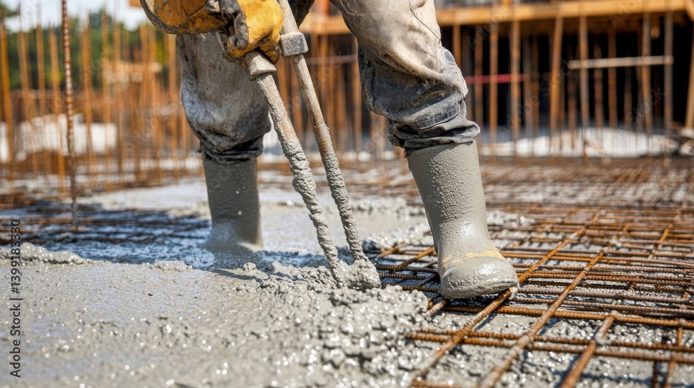 A construction site worker preparing a concrete mix for pouring. Featuring preparation and craftsmanship A construction site worker preparing a concrete mix for pouring. Featuring preparation and craftsmanship