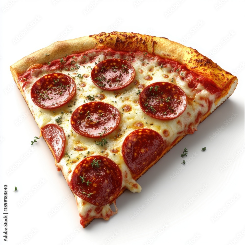 a hyper-detailed 3D rendering of a pepperoni pizza slice, with bubbling cheese, crispy crust,