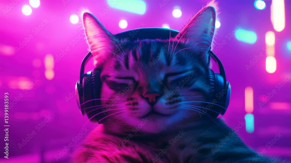 Cat Enjoys Music in Neon Lit Space