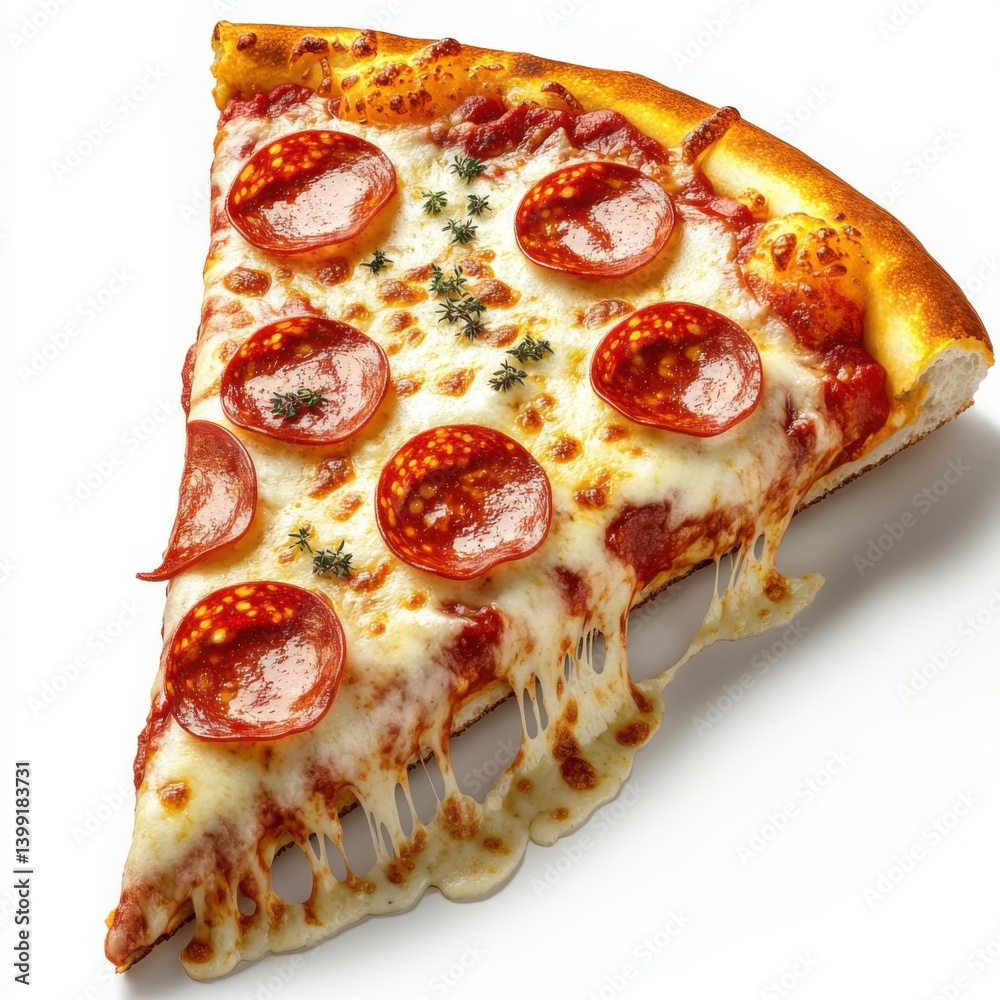 a hyper-detailed 3D rendering of a pepperoni pizza slice, with bubbling cheese, crispy crust,