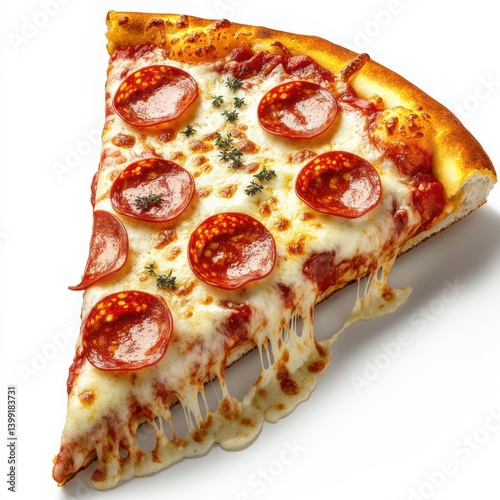 Obraz na płótnie a hyper-detailed 3D rendering of a pepperoni pizza slice, with bubbling cheese, crispy crust, w salonie