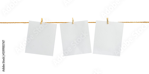 Blank paper hanging on a rope with an isolated clothespin on a white background