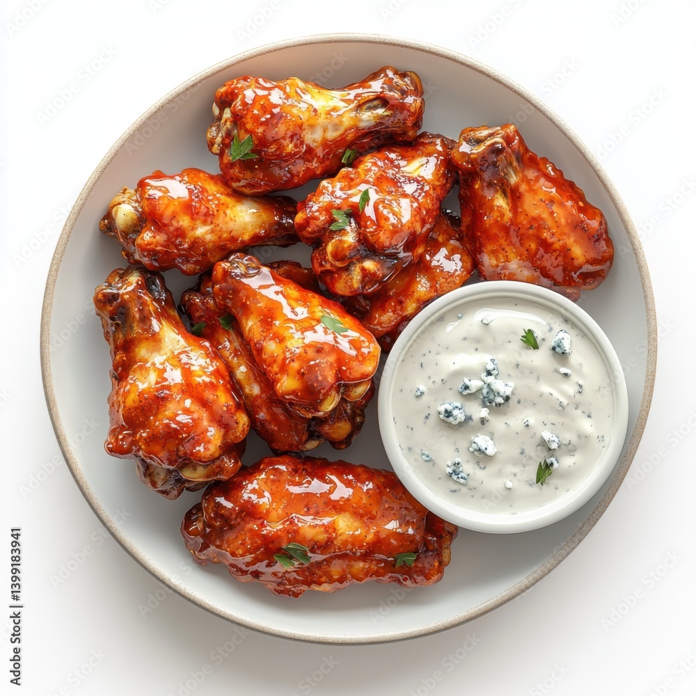 a hyper-detailed 3D rendering of a plate of chicken wings, with a spicy glaze and a side of blue cheese