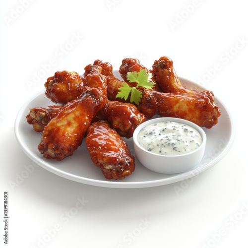 a hyper-detailed 3D rendering of a plate of chicken wings, with a spicy glaze and a side of blue cheese
