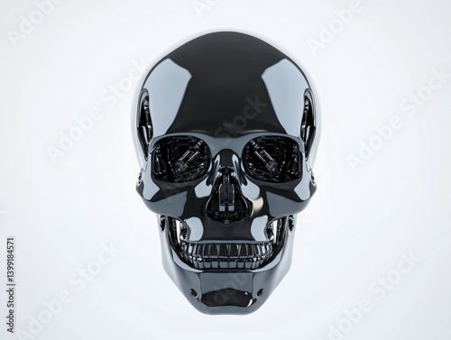 Glossy black human skull sculpture with open mouth and sharp white teeth