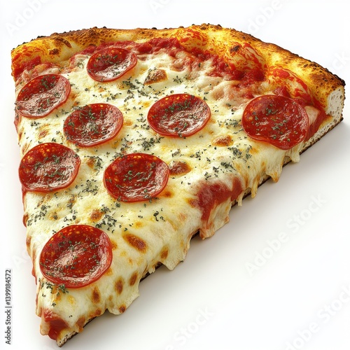 a hyper-detailed 3D rendering of a pepperoni pizza slice, with bubbling cheese, crispy crust, 