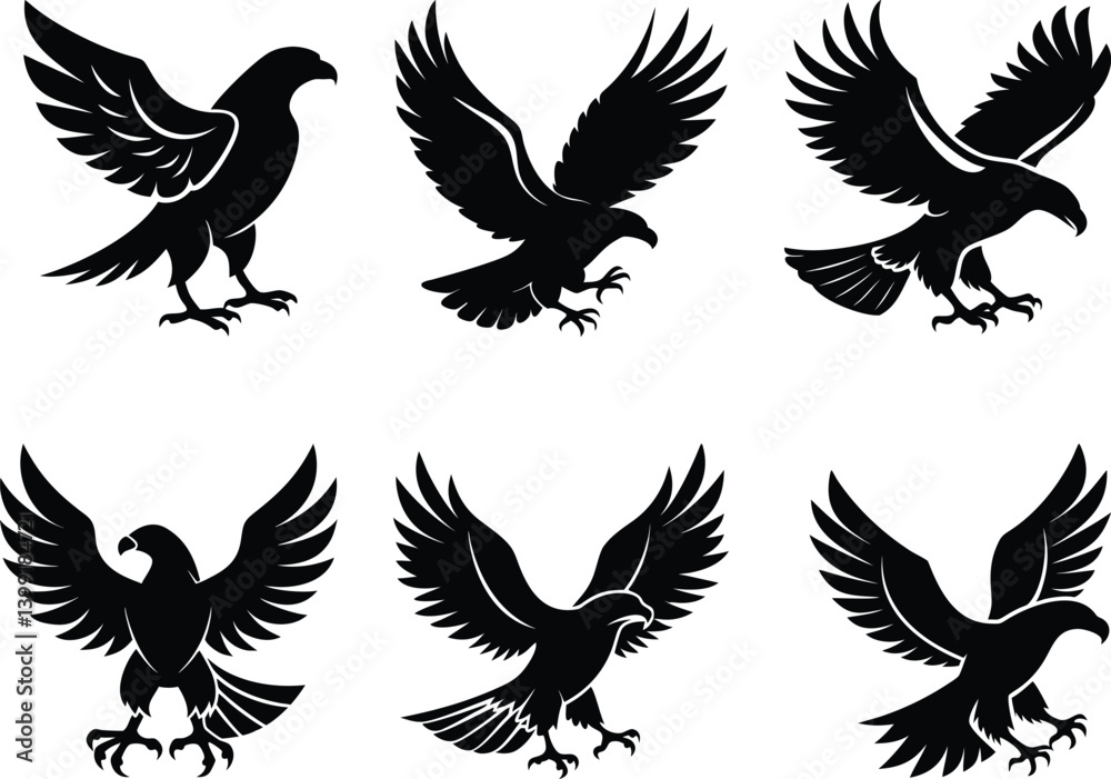 Obraz premium Black vector eagle set, a tribal silhouette of the flying eagles