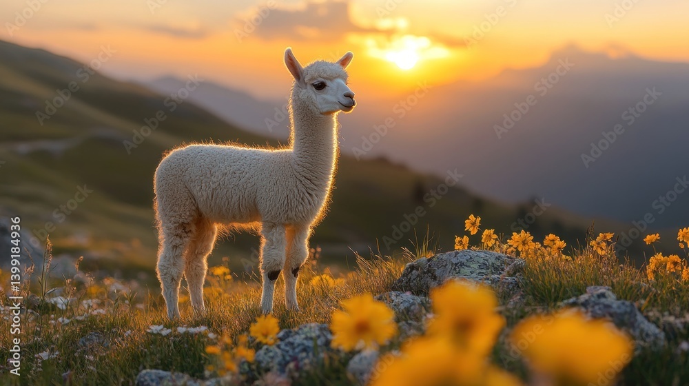 Fototapeta premium Alpaca at Sunset in the Mountains