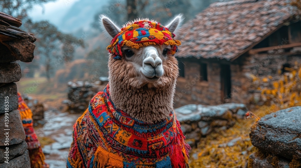 Naklejka premium Alpaca in Traditional Andean Clothing