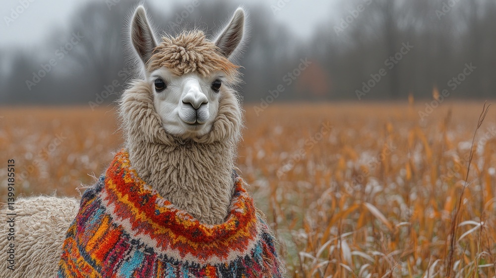 Obraz premium Alpaca in Autumn Field Wearing Knitted Poncho