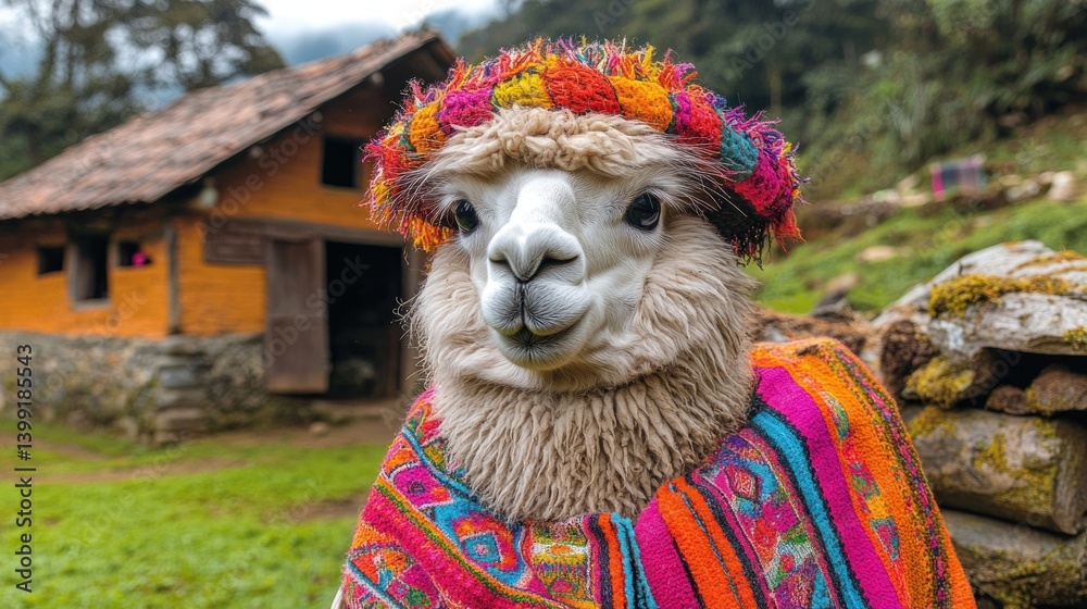 Naklejka premium Charming Alpaca in Andean Village