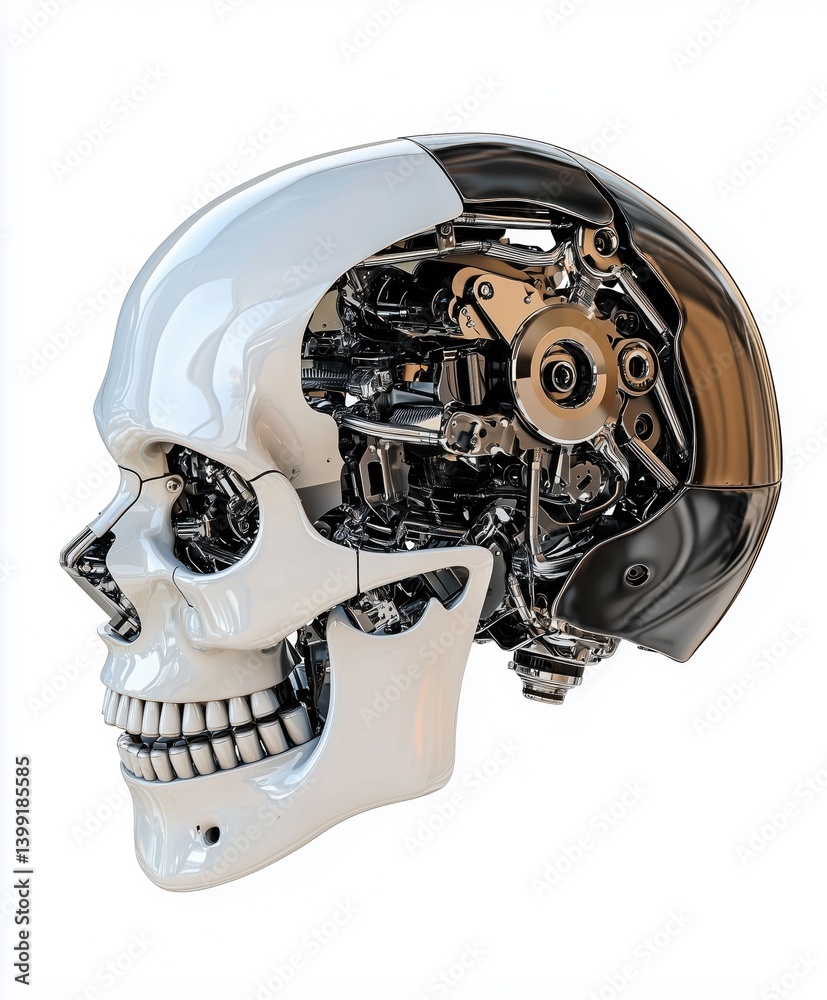 Fototapeta premium Cybernetic skull with organic and mechanical elements smiling towards the left