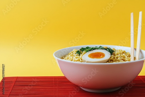 A bowl of instant ramen with a soft boiled egg. photo