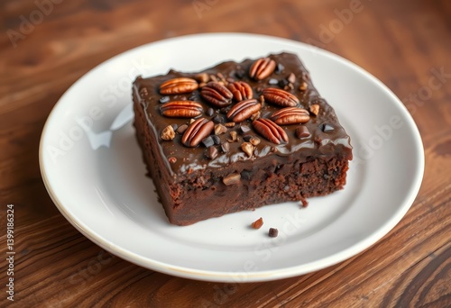 A plate of rich chocolate pecan cake sits on a wood table, ample empty space surrounds it, tasty, table