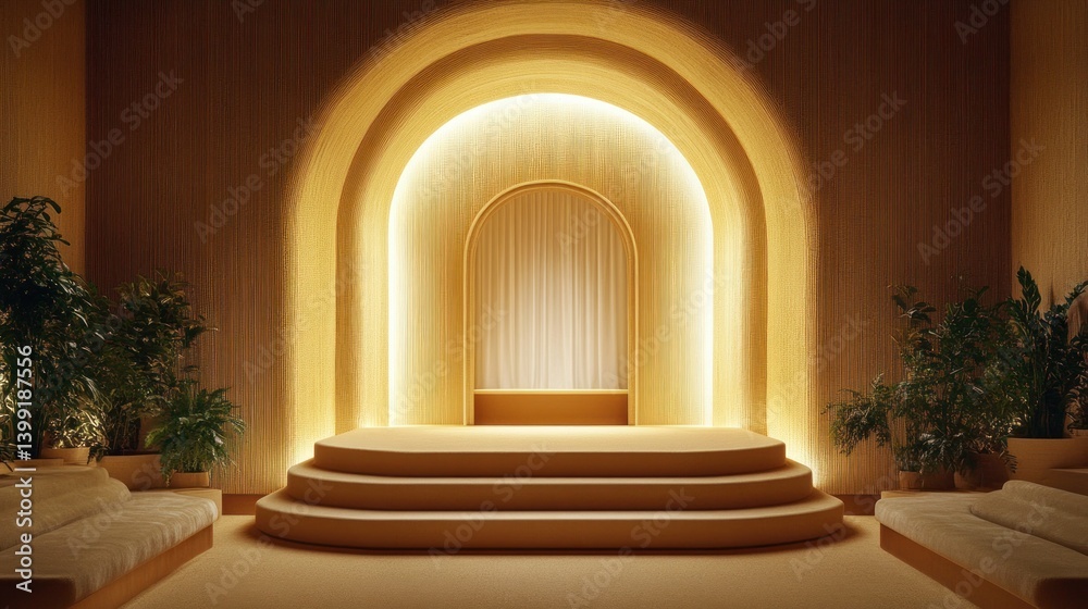 Fototapeta premium Interior design of an arched space with a stage and plants